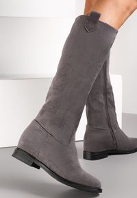 Renee - Szare Kozaki Muszkieterki na Ukrytym Koturnie Belki. Wysokość cholewki: przed kolano. Kolor: szary. Szerokość cholewki: normalna. Obcas: na koturnie. Styl: klasyczny #1