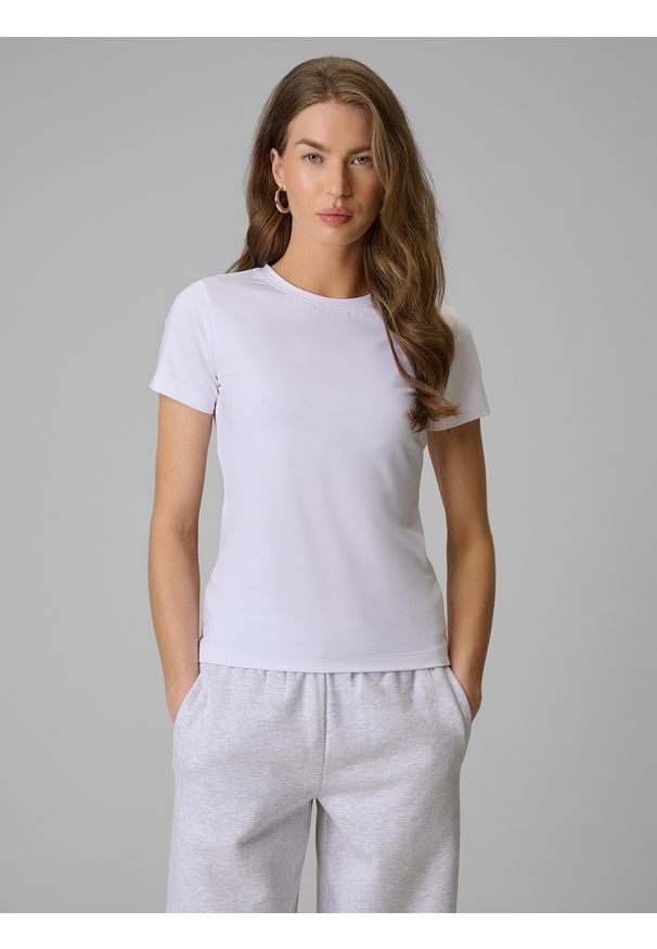 4f - 4F T-shirt slim gładki damski - biały XS. Okazja: na co dzień. Kolor: biały. Materiał: materiał, włókno, skóra, dzianina. Wzór: gładki. Styl: casual