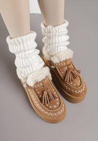 Born2be - Brązowe Śniegowce na Grubej Podeszwie z Frędzlami i Haftem Linodis. Okazja: na spacer, na co dzień. Kolor: brązowy. Materiał: jeans. Wzór: haft. Sezon: jesień. Styl: casual #5