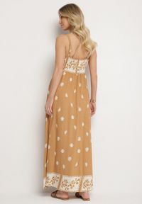 Born2be - Brązowa Wiskozowa Sukienka z Geometrycznym Wzorem Lenirisa. Okazja: na co dzień. Kolor: brązowy. Materiał: wiskoza. Długość rękawa: na ramiączkach. Wzór: geometria. Typ sukienki: proste. Styl: klasyczny, casual, elegancki #4