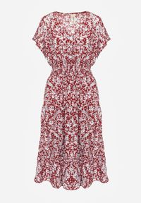 Born2be - Czerwona Bawełniana Sukienka w Kwiatki z Gumką w Talii i Guzikami Ronalika. Okazja: na co dzień. Typ kołnierza: dekolt w serek. Kolor: czerwony. Materiał: bawełna. Wzór: kwiaty. Typ sukienki: rozkloszowane. Styl: casual, elegancki, klasyczny #2