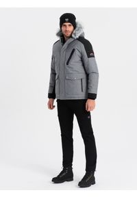 Ombre Clothing - Zimowa kurtka męska z regulowanym kapturem z odpinanym futerkiem - szaro-czarna V1 OM-JAHP-0144 - XXL. Kolor: szary. Materiał: futro. Sezon: zima