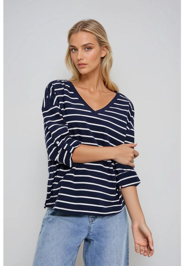 MOODO - Bluza w paski granatowa. Kolor: niebieski. Materiał: elastan, bawełna. Wzór: paski