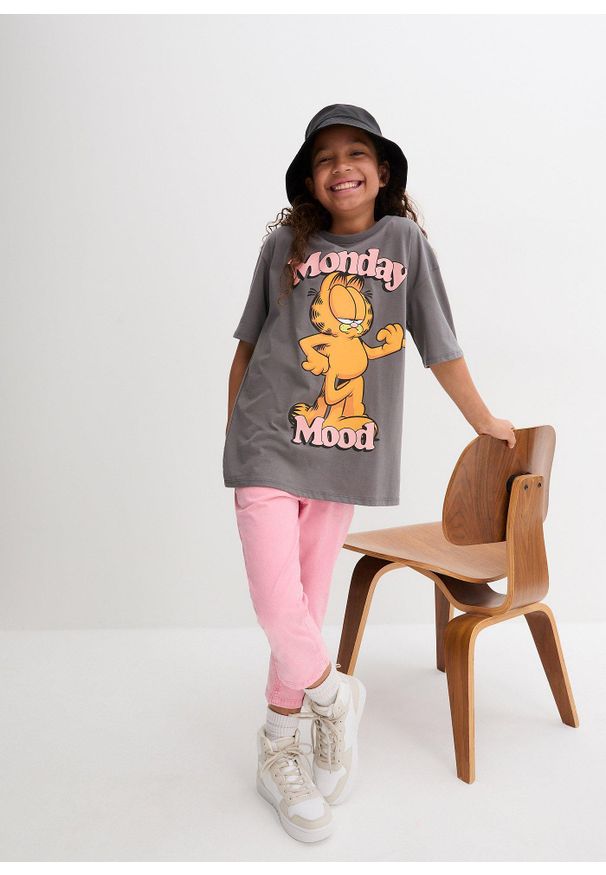 bonprix - T-shirt z czystej bawełny z nadrukiem Garfielda. Kolor: szary. Materiał: jersey, bawełna. Długość rękawa: krótki rękaw. Długość: krótkie. Wzór: nadruk