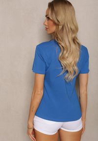 Renee - Granatowy T-shirt Bawełniany z Nadrukiem i Cyrkoniami Ebilane. Kolor: niebieski. Materiał: bawełna. Wzór: nadruk. Sezon: lato