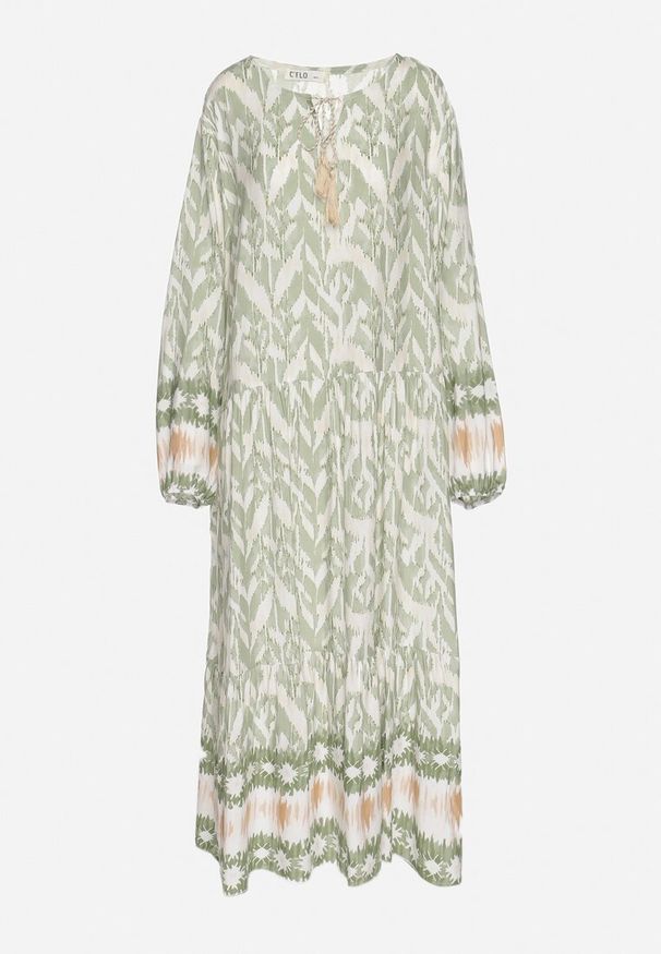 Born2be - Zielona Sukienka Rozkloszowana z Ozdobnym Wiązaniem w Boho Wzór Erainea. Okazja: na co dzień. Typ kołnierza: dekolt w kształcie V. Kolor: zielony. Materiał: jeans. Długość rękawa: długi rękaw. Wzór: aplikacja. Typ sukienki: proste, rozkloszowane. Styl: boho