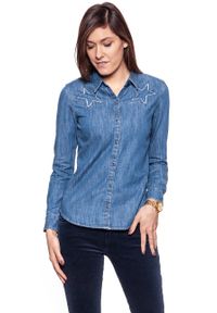 Wrangler - KOSZULA JEANSOWA DAMSKA WRANGLER STAR SHIRT MID INDIGO W5231O68E. Materiał: jeans