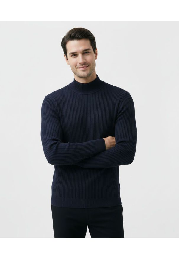 Brave Soul - Półgolf Granatowy, Super Slim, Prążkowany, Cienki, 100% BAWEŁNA, Elegancki, Męski -BRAVE SOUL. Kolor: niebieski. Materiał: bawełna. Sezon: jesień, zima. Styl: elegancki