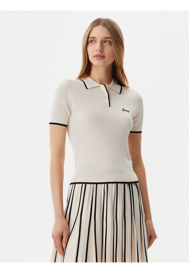 Guess Polo Polo sweater Beżowy Slim Fit. Typ kołnierza: polo. Kolor: beżowy. Materiał: wiskoza