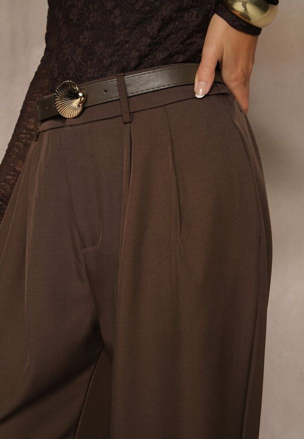 Renee - Brązowe Garniturowe Spodnie Wide Leg z Paskiem z Klamrą Muszelką Setre. Okazja: na spotkanie biznesowe. Stan: podwyższony. Kolor: brązowy. Materiał: koronka. Styl: biznesowy