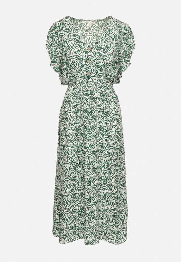 Born2be - Zielona Sukienka Bawełniana z Gumką w Talii i Mozaikowym Wzorem Indaria. Kolor: zielony. Materiał: bawełna