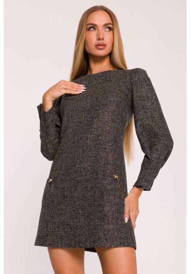 MOE - Elegancka sukienka tweedowa trapezowa mini czarna. Kolor: czarny, różowy, szary. Typ sukienki: trapezowe. Styl: elegancki. Długość: mini