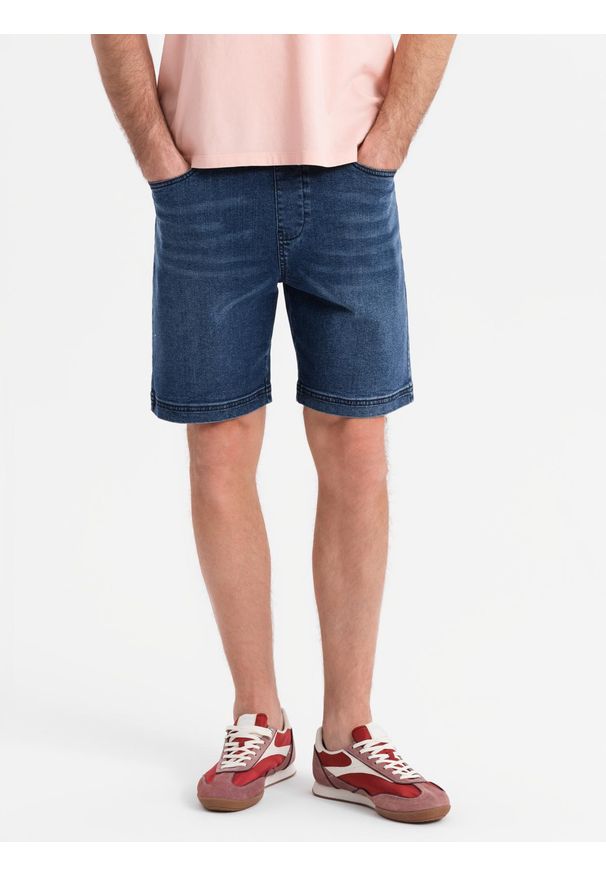 Ombre Clothing - Męskie szorty z gumką w pasie i efektem sprania – niebieskie V2 - Rozmiar: L. Okazja: na co dzień. Kolor: niebieski. Materiał: skóra, denim, materiał, bawełna, elastan. Sezon: lato. Styl: casual, elegancki