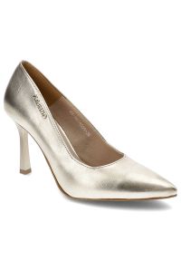 Złote Czółenka Karino Eleganckie Skórzane Buty. Kolor: złoty. Materiał: skóra. Szerokość cholewki: normalna. Sezon: lato. Obcas: na szpilce. Styl: elegancki #1