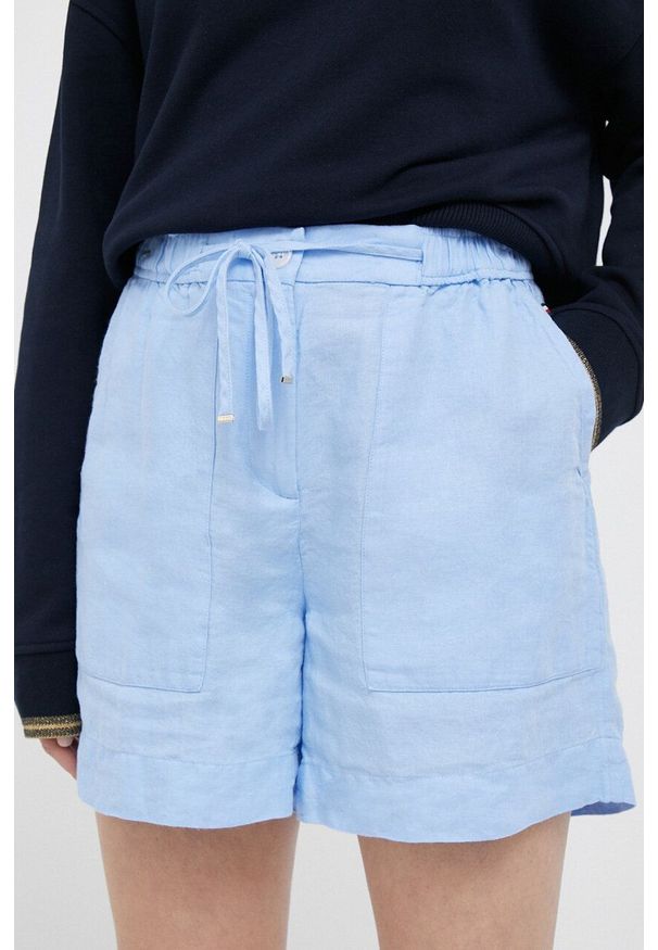 TOMMY HILFIGER - Tommy Hilfiger szorty lniane kolor niebieski gładkie high waist. Stan: podwyższony. Kolor: niebieski. Materiał: len. Wzór: gładki