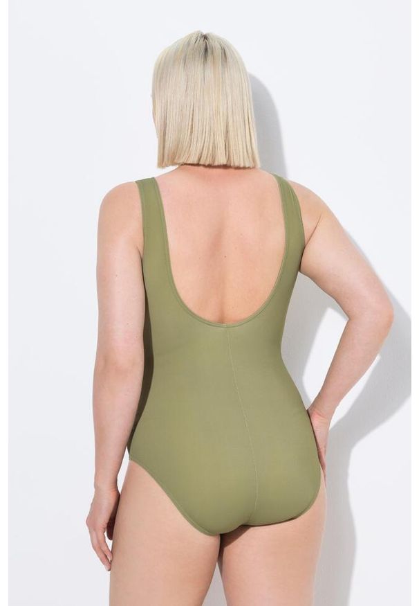 ULLA POPKEN - Damski Strój kąpielowy dżungla bez miękkich miseczek dekolt w serek. Kolekcja: plus size. Kolor: zielony. Materiał: poliamid, poliester, materiał, elastan