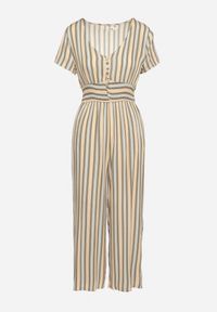 Born2be - Beżowy Wiskozowy Kombinezon z Guzikami przy Dekolcie i Elastyczną Gumką w Talii Tinaleias. Okazja: na co dzień, do pracy. Kolor: beżowy. Materiał: wiskoza. Długość: długie. Wzór: aplikacja. Styl: casual, klasyczny #3