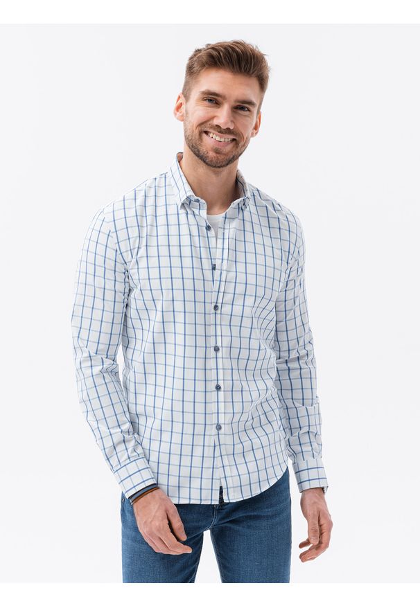 Ombre Clothing - Bawełniana koszula męska w kratę REGULAR FIT - biało-niebieska V2 K637 - L. Kolor: biały. Materiał: bawełna. Wzór: nadruk