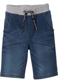 bonprix - Bermudy dżinsowe na gumce o kroju regular fit. Kolor: niebieski. Materiał: prążkowany, dzianina, materiał, dresówka. Wzór: prążki #1