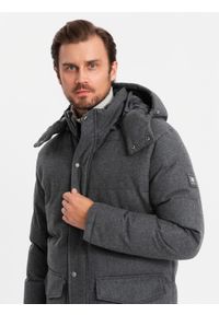 Ombre Clothing - Długa ciepła kurtka męska typu parka z wełną – czarny melanż V2 OM-JALJ-0217 - XXL. Kolor: czarny. Materiał: wełna. Długość: długie. Wzór: melanż #5