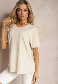 Renee - Beżowy Bawełniany T-shirt o Klasycznym Kroju z Okrągłym Dekoltem Berdiana. Kolor: beżowy. Materiał: bawełna. Styl: klasyczny