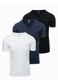 Ombre Clothing - Zestaw męskich t-shirtów bawełnianych V-neck BASIC – czarny/biały/granatowy V1. Typ kołnierza: dekolt w serek. Kolor: biały. Materiał: bawełna