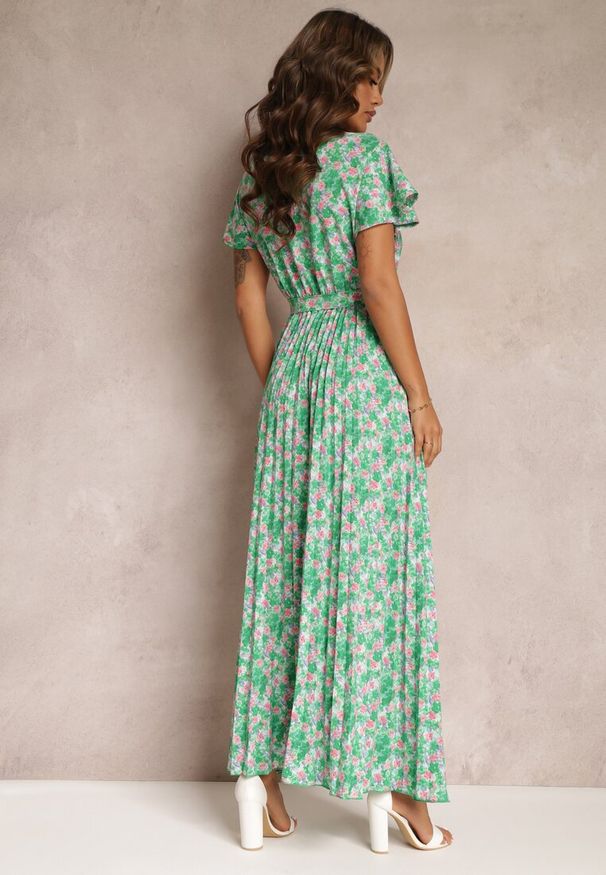 Renee - Zielona Plisowana Sukienka Maxi w Kwiatki z Gumką w Talii Ikama. Kolor: zielony. Materiał: materiał. Wzór: kwiaty. Długość: maxi