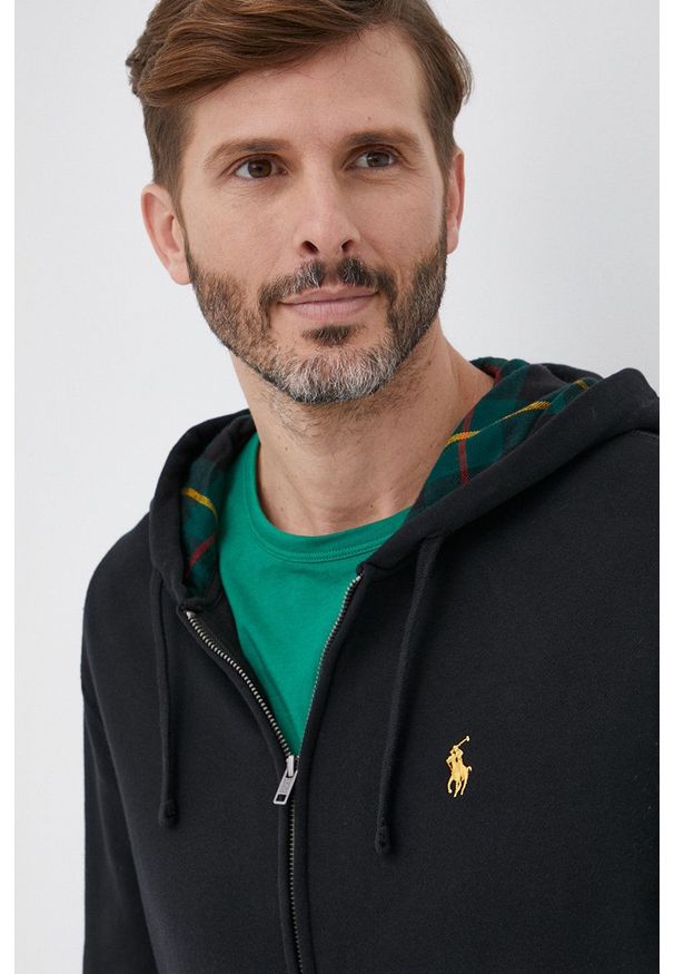 Polo Ralph Lauren Bluza męska kolor czarny z kapturem gładka. Okazja: na co dzień. Typ kołnierza: polo, kaptur. Kolor: czarny. Materiał: dzianina. Wzór: gładki. Styl: casual