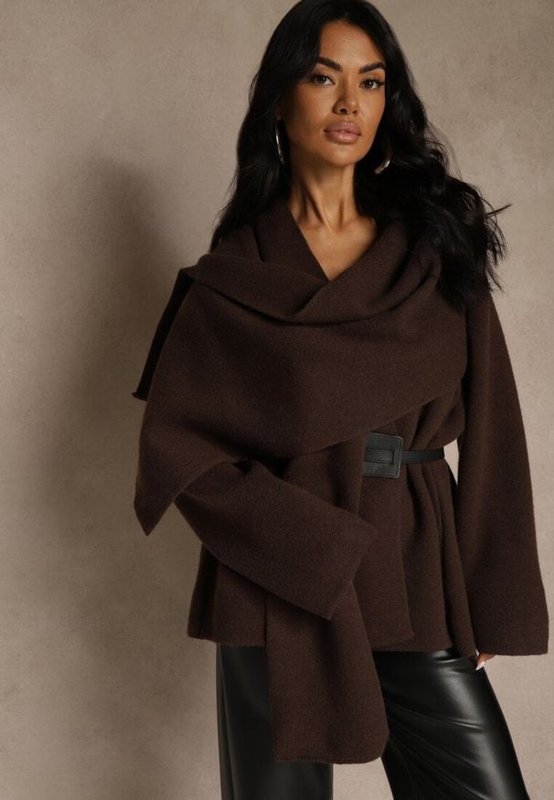 Renee - Brązowy Elegancki Kardigan z Wiskozy z Paskiem i Narzutką Roweda. Kolor: brązowy. Materiał: wiskoza. Styl: elegancki