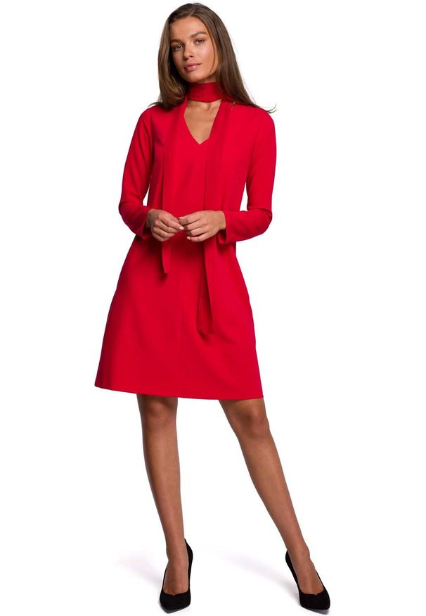MOE - Trapezowa Sukienka z Szyfonowym Szalem - Czerwona. Kolor: czerwony. Materiał: szyfon. Typ sukienki: trapezowe
