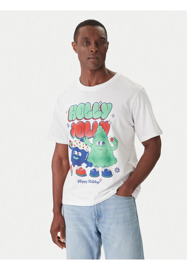 Jack & Jones T-Shirt Holiday Cartoon 12287550 Biały Relaxed Fit. Kolor: biały. Materiał: bawełna