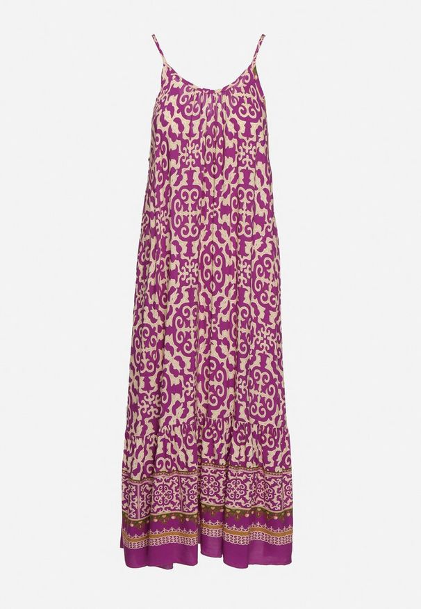 Born2be - Fioletowa Bawełniana Sukienka o Rozkloszowanym Kroju na Cienkich Ramiączkach Nellarra. Kolor: fioletowy. Materiał: bawełna. Długość rękawa: na ramiączkach. Sezon: lato. Styl: elegancki