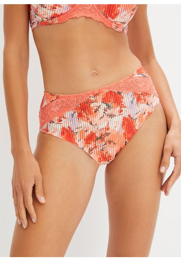 bonprix - Figi maxi z koronką. Kolor: pomarańczowy. Materiał: koronka. Wzór: nadruk, koronka
