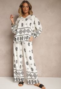 Renee - Biało-Czarny Komplet w Stylu Etno Spodnie z Gumką w Pasie i Bluzka Oversize Eviralyn. Kolor: biały #5