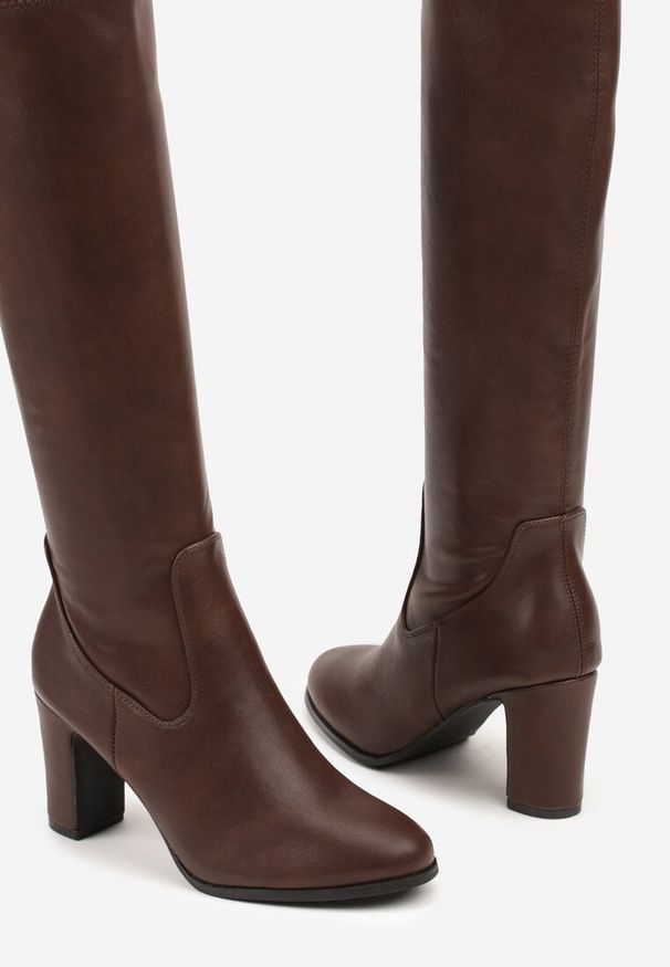 Renee - Brązowe Kozaki na Słupku z Przylegającą Cholewką Alovire. Kolor: brązowy. Materiał: jeans. Szerokość cholewki: normalna. Obcas: na słupku