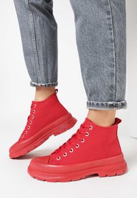Born2be - Czerwone Trampki Calypheosis. Wysokość cholewki: przed kolano. Nosek buta: okrągły. Kolor: czerwony. Materiał: jeans, materiał, guma. Szerokość cholewki: normalna #4