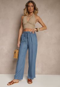 Renee - Niebieskie Spodnie z Bawełną o Szerokim Kroju High Waist z Wiązaniem Noleldi. Okazja: na co dzień. Stan: podwyższony. Kolor: niebieski. Materiał: bawełna. Styl: elegancki, casual #3