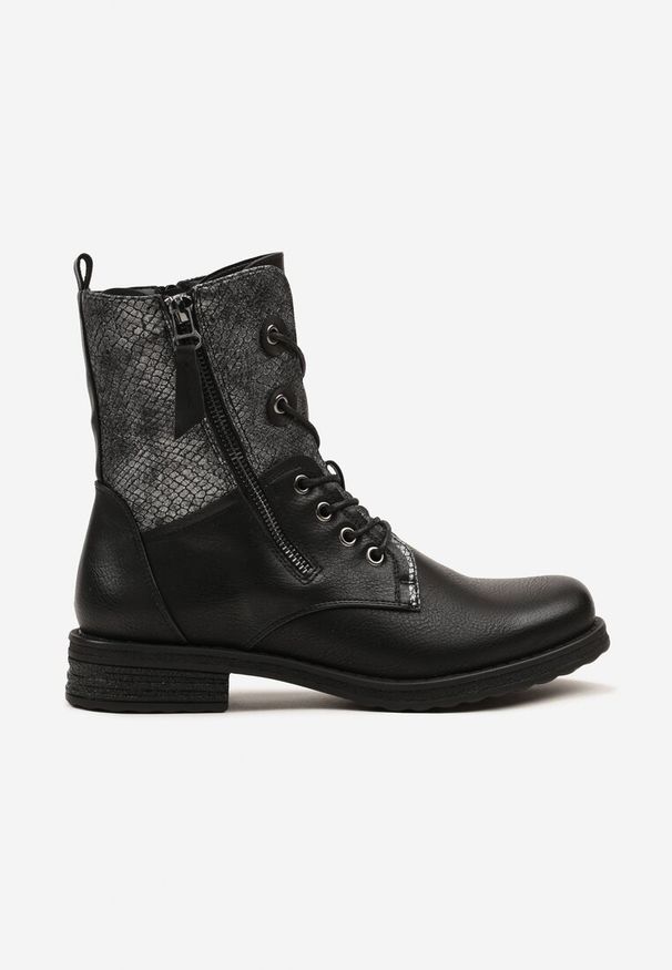 Born2be - Czarne Botki Workery Zdobione Suwakiem i Wężowym Tłoczeniem Vemindra. Okazja: na co dzień. Kolor: czarny. Materiał: jeans. Wzór: aplikacja. Styl: klasyczny, casual
