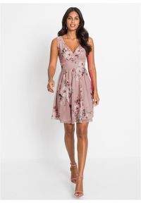 bonprix - Sukienka mini z głębokim dekoltem. Kolor: różowy. Materiał: materiał. Wzór: nadruk. Długość: mini #3