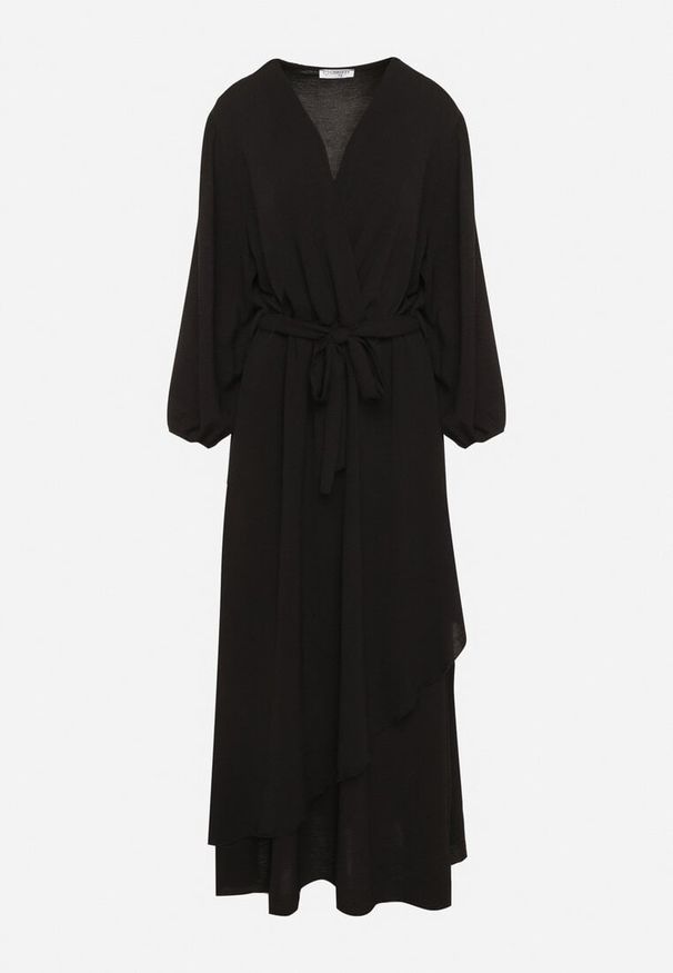 Born2be - Czarna Kopertowa Asymetryczna Sukienka Koktajlowa z Wiskozą Ozdobiona Paskiem Lanoresa. Okazja: na imprezę. Kolor: czarny. Materiał: wiskoza. Wzór: aplikacja. Typ sukienki: kopertowe, asymetryczne. Styl: wizytowy