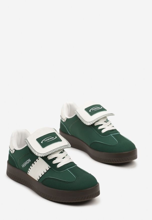 Born2be - Zielone Sneakersy na Grubej Podeszwie z Kontrastującymi Wstawkami i Wywiniętym Językiem Mirinae. Nosek buta: okrągły. Zapięcie: sznurówki. Kolor: zielony. Materiał: materiał. Obcas: na obcasie. Wysokość obcasa: niski