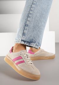 Born2be - Beżowo-Fuksjowe Sneakersy Typu Tenisówki ze Skórzaną Wkładką Ozdobione Paskami Melissele. Okazja: na co dzień. Zapięcie: pasek. Kolor: beżowy. Materiał: skóra. Wzór: aplikacja #5