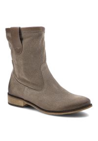 Brązowe Botki Dwunasty Shoes Damskie Stylowe Buty. Okazja: na co dzień. Kolor: beżowy. Materiał: zamsz, skóra. Szerokość cholewki: normalna. Sezon: zima, jesień. Obcas: na obcasie. Styl: elegancki. Wysokość obcasa: niski