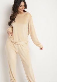 Born2be - Beżowy Komplet Dresowy z Welurowej Dzianiny Bluza i Joggery Iramba. Kolor: beżowy. Materiał: dzianina, welur, dresówka #4
