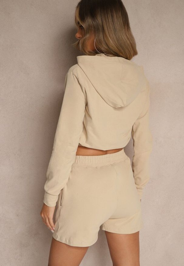 Renee - Beżowy Komplet z Bawełny w Sportowym Stylu Bluza z Kapturem i Szorty Izurea. Kolor: beżowy. Materiał: bawełna