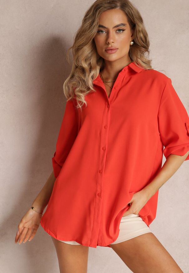 Renee - Pomarańczowa Koszula z Kołnierzem i Długimi Rękawami na Guzik Henvia. Kolekcja: plus size. Kolor: pomarańczowy. Długość rękawa: długi rękaw. Długość: długie
