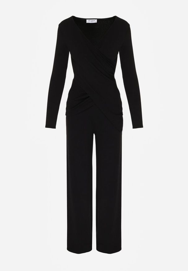 Born2be - Czarny Bawełniany Komplet Kopertowa Bluzka z Długim Rękawem i Spodnie Ferenna. Kolor: czarny. Materiał: bawełna