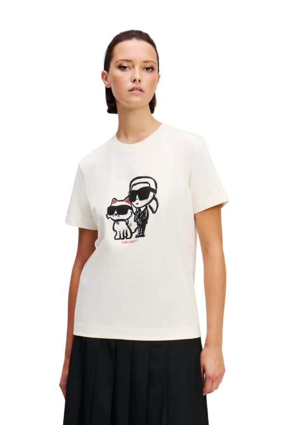 Karl Lagerfeld - KARL LAGERFELD Beżowy damski t-shirt Ikon Sketch Duo. Kolor: beżowy. Materiał: materiał. Wzór: nadruk