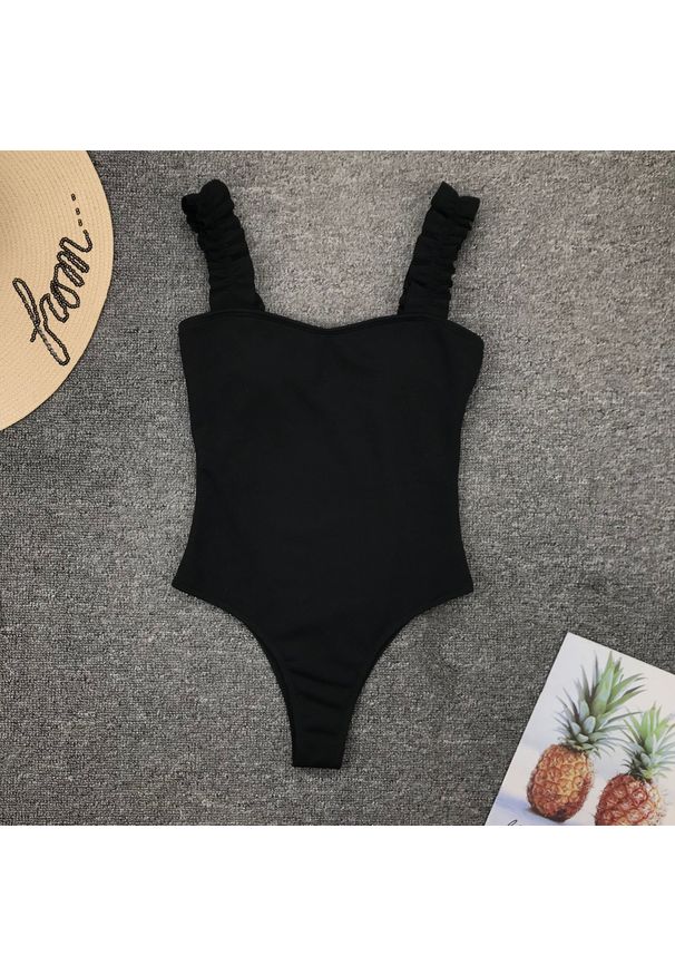 Intica - Strój kąpielowy z ozdobnymi ramiączkami na plażę i basen Berny. Kolor: czarny. Materiał: materiał. Wzór: aplikacja