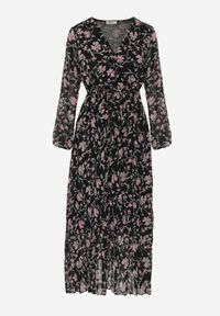 Born2be - Czarna Sukienka Maxi z Gumką w Talii i Plisowanym Dółem Danora. Typ kołnierza: dekolt kopertowy. Kolor: czarny. Długość rękawa: długi rękaw. Typ sukienki: kopertowe. Długość: maxi #8